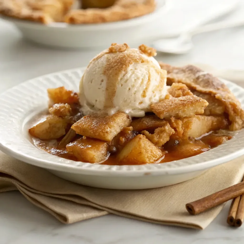 Apple Pan Dowdy - Flaky Spiced Old-Fashioned Autumn Dessert 8 Warm apple pan dowdy topped with vanilla ice cream, cinnamon apples, and golden flaky pastry.