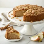 Moist apple pear coffee cake with cinnamon-spiced fruit and a golden buttery streusel topping.