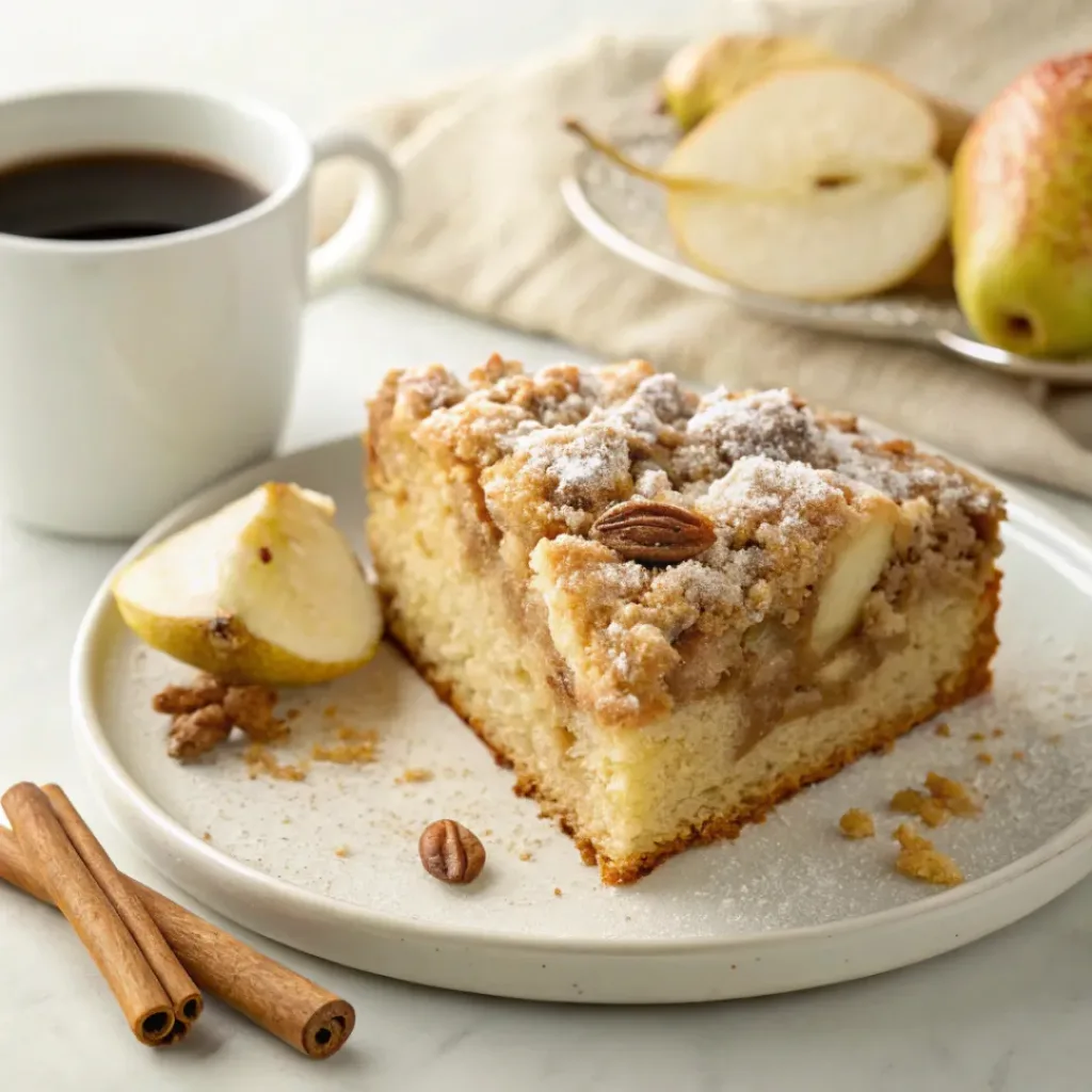 Apple Pear Coffee Cake - Moist Cinnamon Streusel Cake 8 Slice of apple pear coffee cake served with coffee, cinnamon, fresh apples, pears, and toasted pecans.