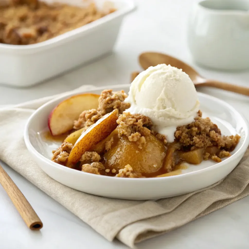 Warm apple pear crisp topped with vanilla ice cream, cinnamon, fresh apple slices, and ripe pear pieces.