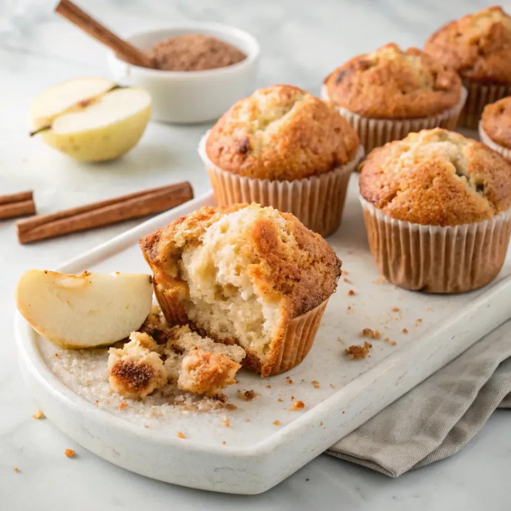 Home 6 Moist apple pear muffins with tender fruit pieces, warm cinnamon, and a golden crumb topping.