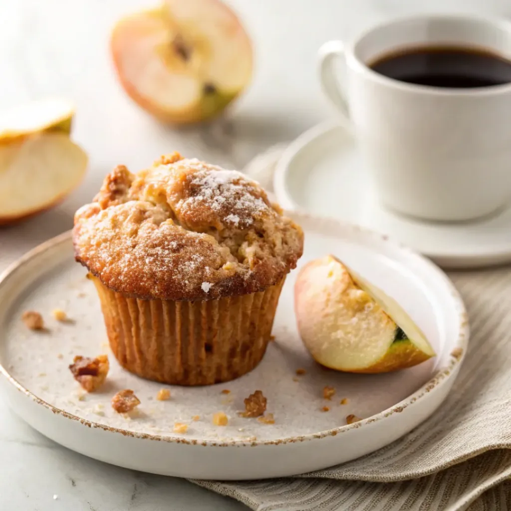 Apple Pear Muffins - Fluffy Moist Spiced Autumn Treats 8 Moist apple pear muffin with cinnamon streusel served with coffee and fresh apple and pear slices.