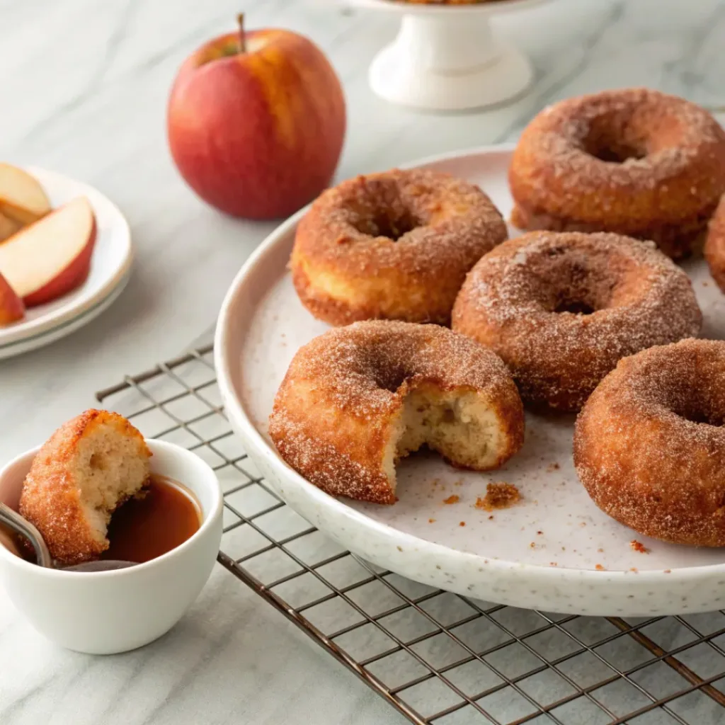 Homemade baked apple cider donuts coated in cinnamon sugar on a cooling rack and serving plate.