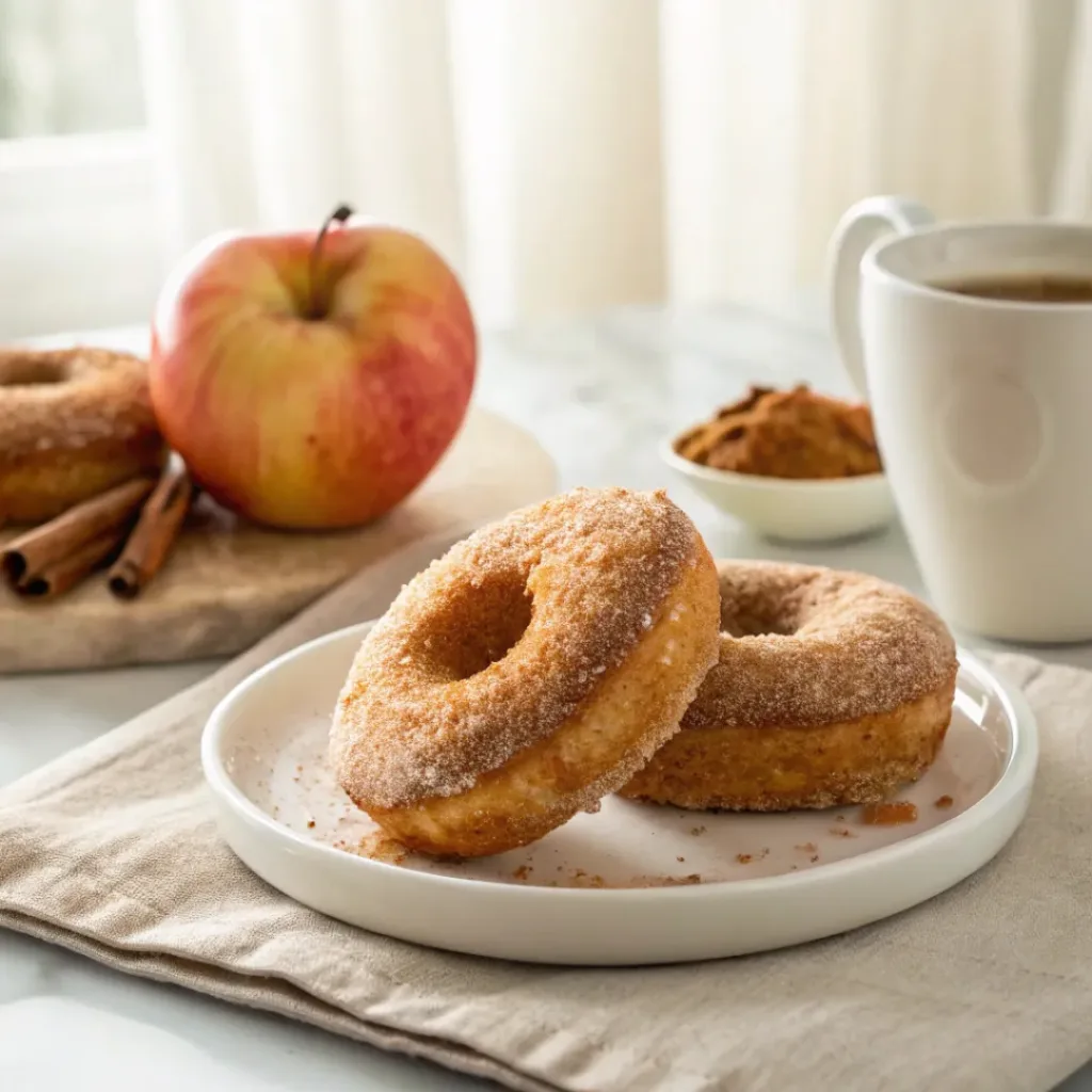 Baked Apple Cider Donuts - Soft Cinnamon Sugar Treats 8 Baked apple cider donuts served with hot apple cider and fresh apples.
