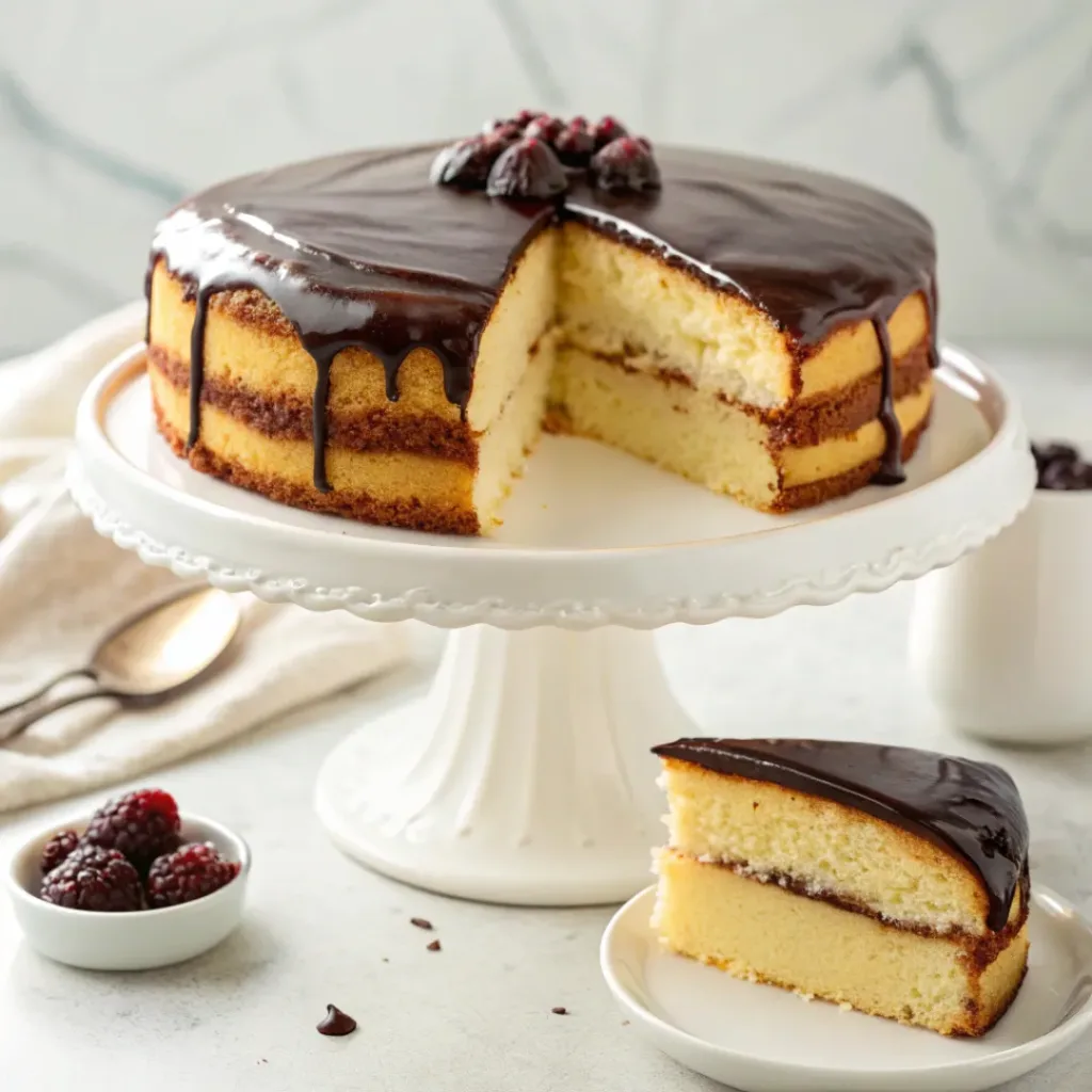 Home 9 Classic Boston Cream Pie with fluffy vanilla cake, pastry cream filling, and glossy chocolate ganache.