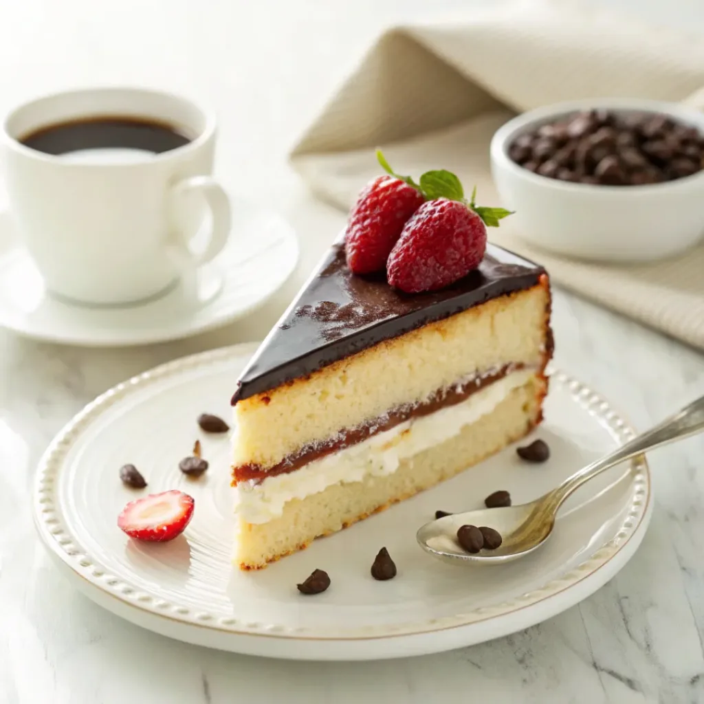 Boston Cream Pie - Classic Layered Custard Chocolate Cake 8 Slice of Boston cream pie served with coffee, chocolate ganache, vanilla pastry cream, and fresh berries.