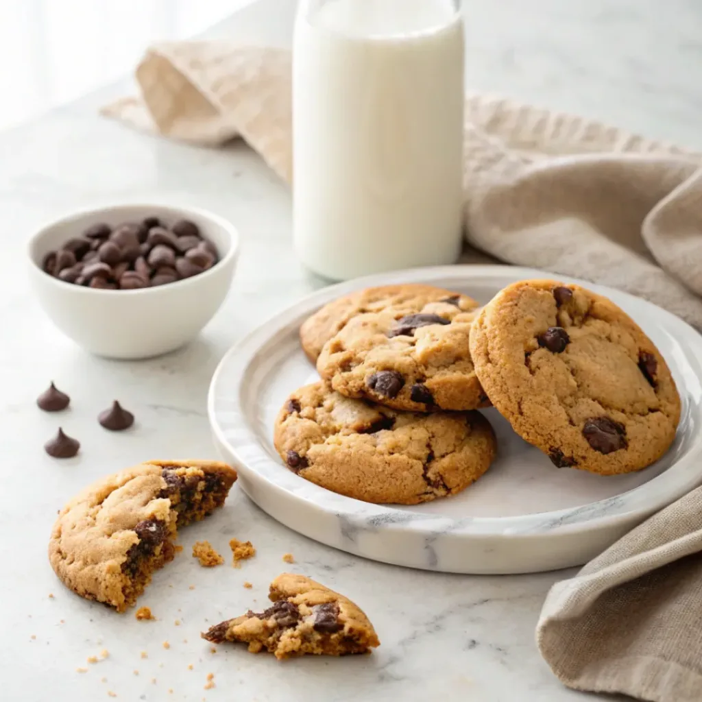 Brown Butter Chocolate Chip Cookies - Chewy Rich Bakery Treats 8 Brown butter chocolate chip cookies served with a glass of cold milk and dark chocolate.