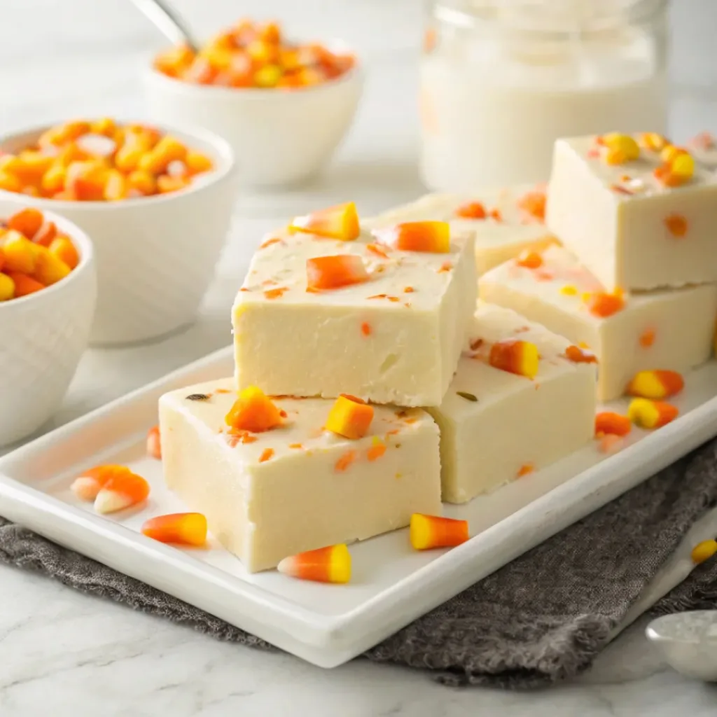 Homemade candy corn fudge with colorful candy corn pieces on a serving platter.
