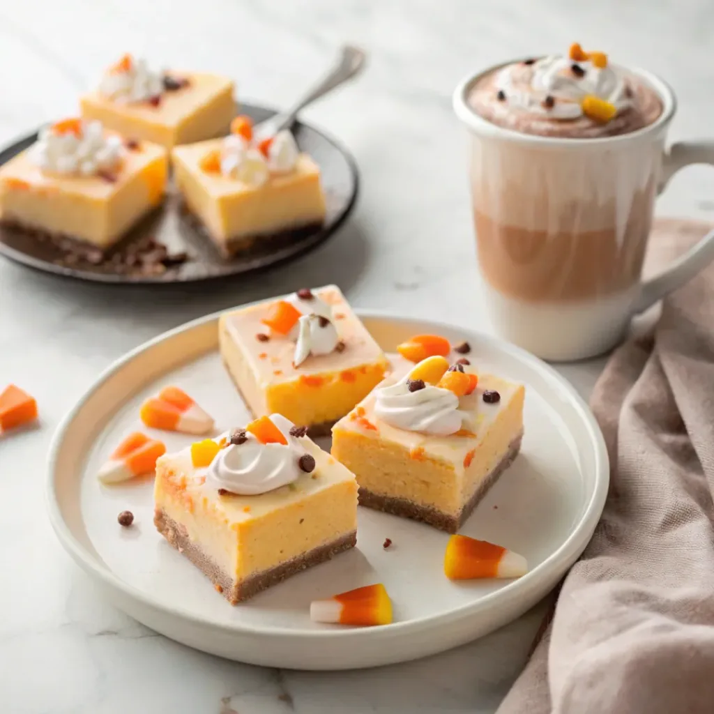 Candy corn fudge served with hot chocolate and Halloween candy.