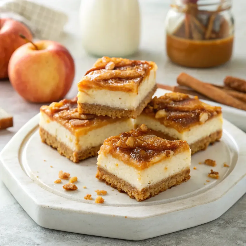 Home 6 Homemade caramel apple cheesecake bars with cinnamon apples and salted caramel drizzle on a serving platter.