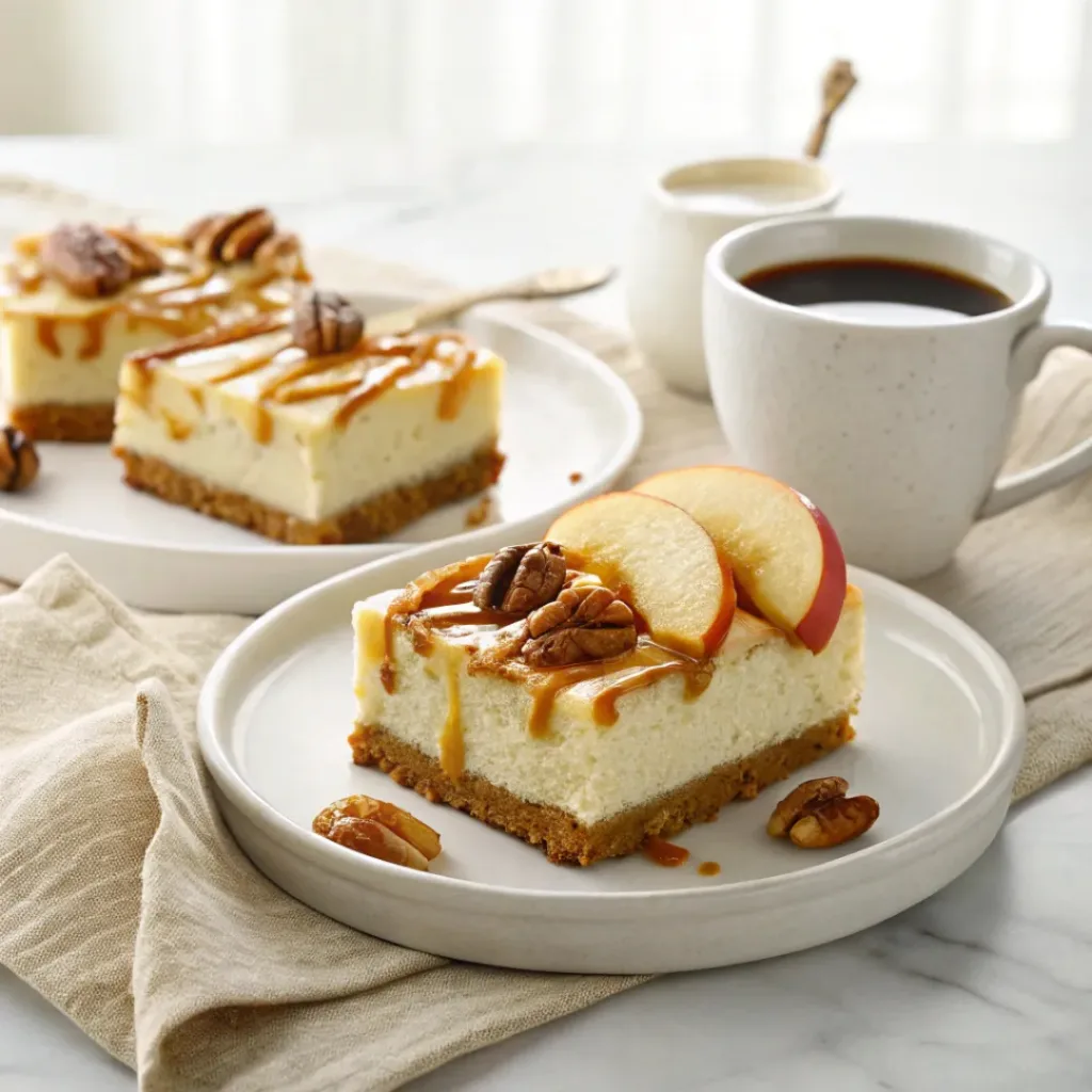 Caramel apple cheesecake bars served with hot coffee and extra salted caramel.