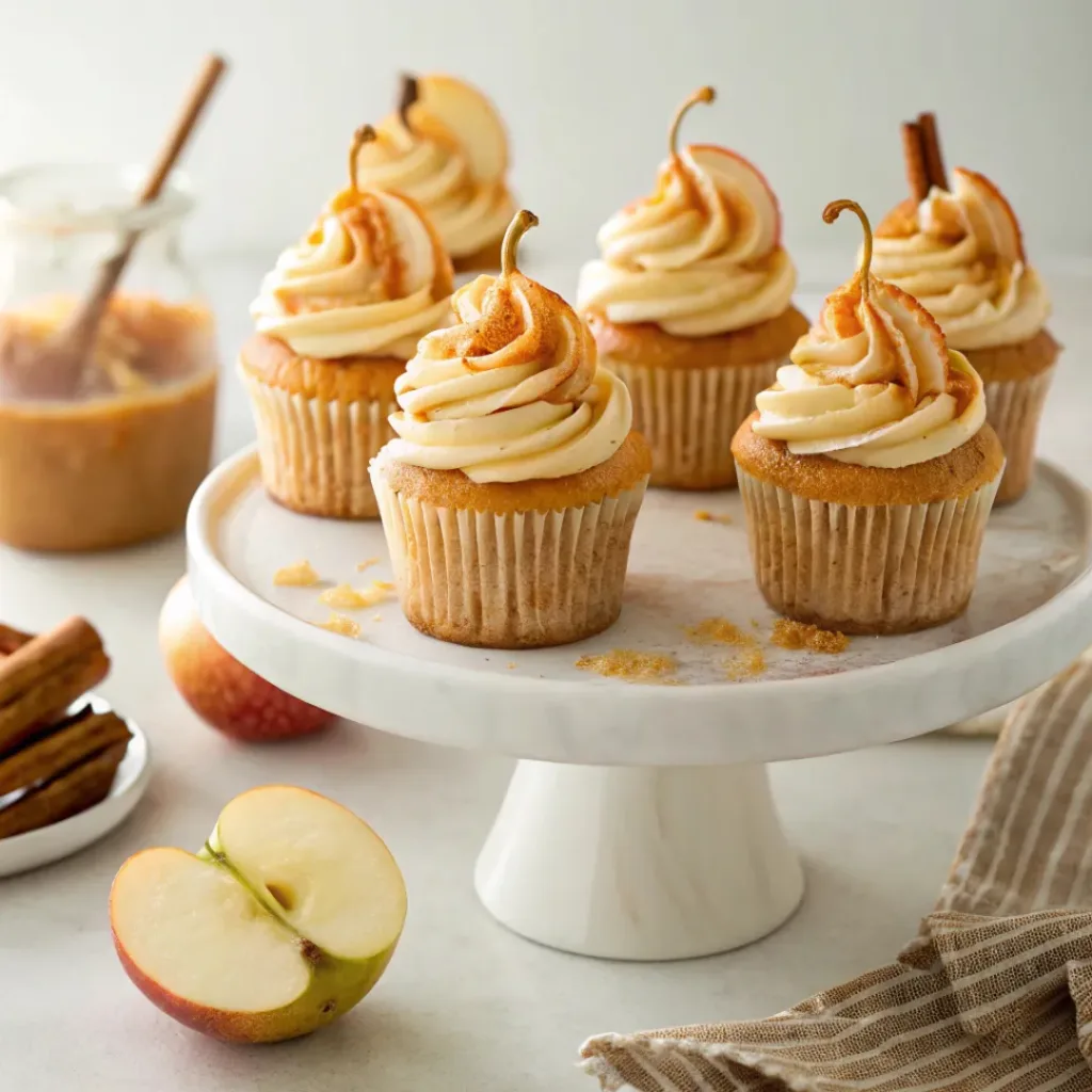 Homemade caramel apple cupcakes topped with caramel buttercream and caramel drizzle on a serving stand.