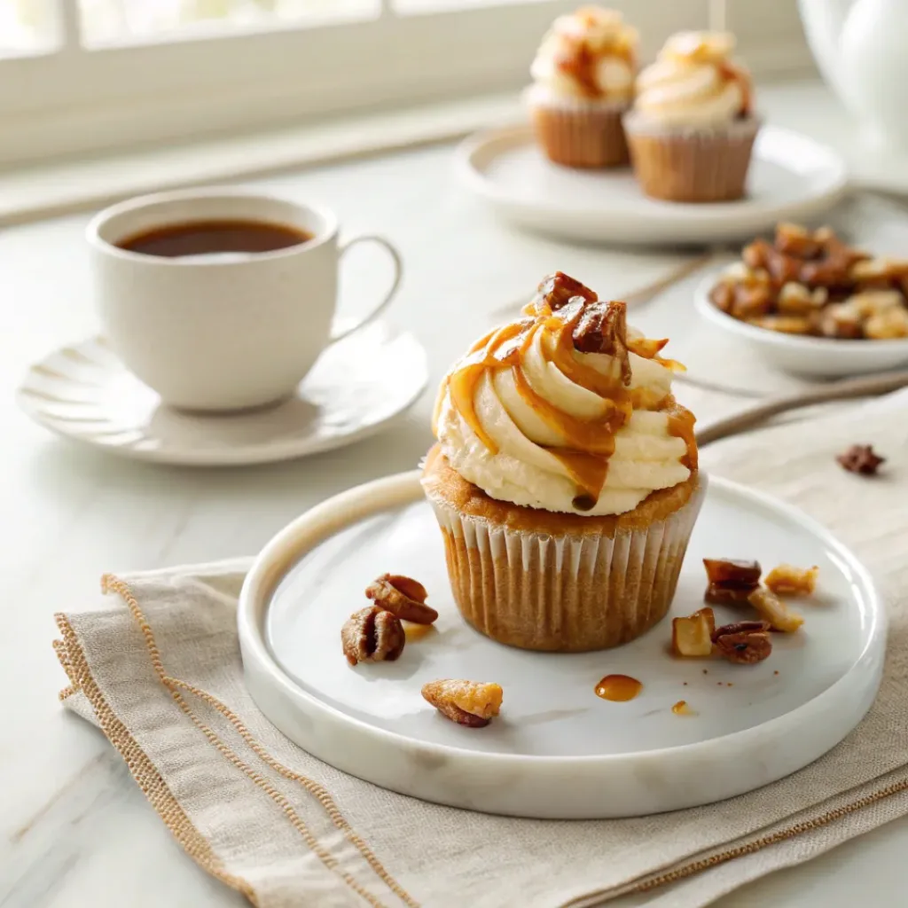 Caramel Apple Cupcakes - Fluffy Moist Autumn Bake 8 Caramel apple cupcake served with hot coffee and extra caramel sauce.