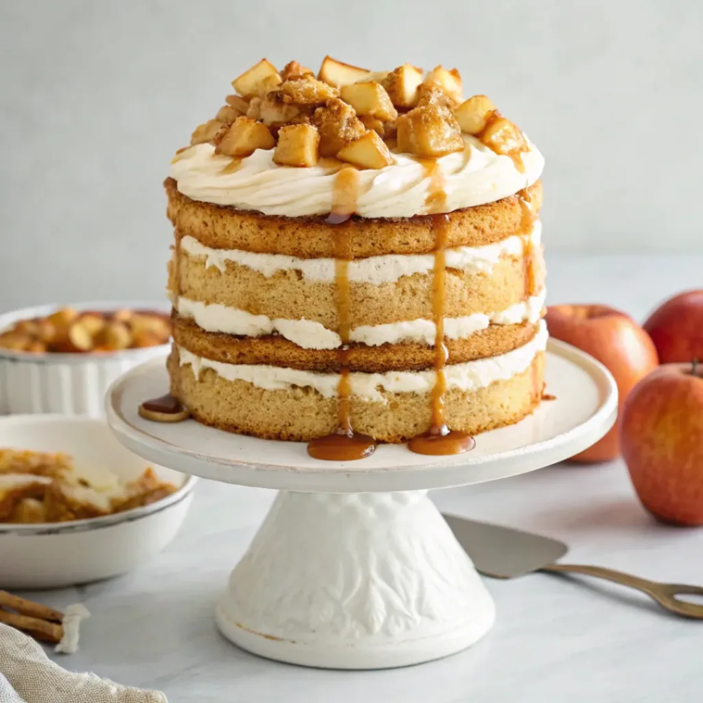 Moist caramel apple layer cake with cinnamon apples, creamy frosting, and rich caramel drizzle.