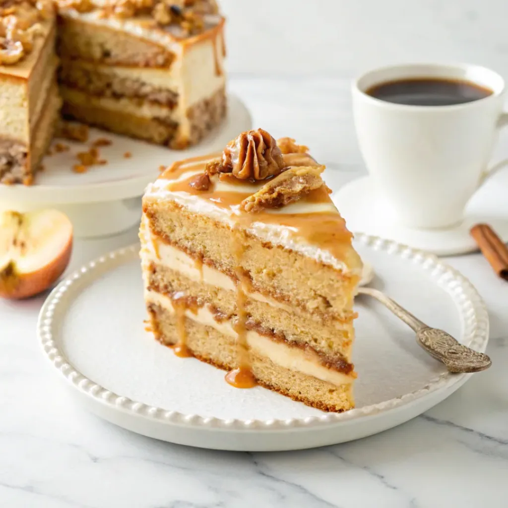 Caramel Apple Layer Cake - Tender Spiced Autumn Bakery Dessert 8 Slice of caramel apple layer cake served with coffee, cinnamon apples, pecans, and rich caramel drizzle.