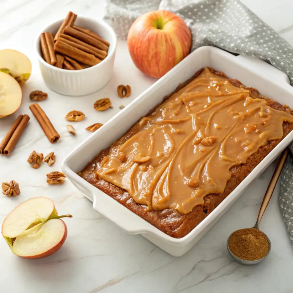 Slice of caramel apple sheet cake served with hot coffee and caramel sauce.