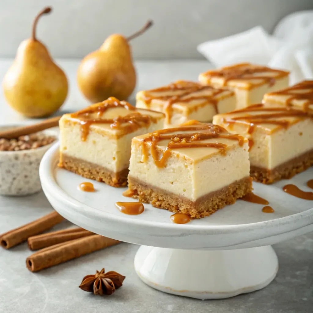 Creamy caramel pear cheesecake bars with a buttery crust, cinnamon pears, and golden caramel drizzle.
