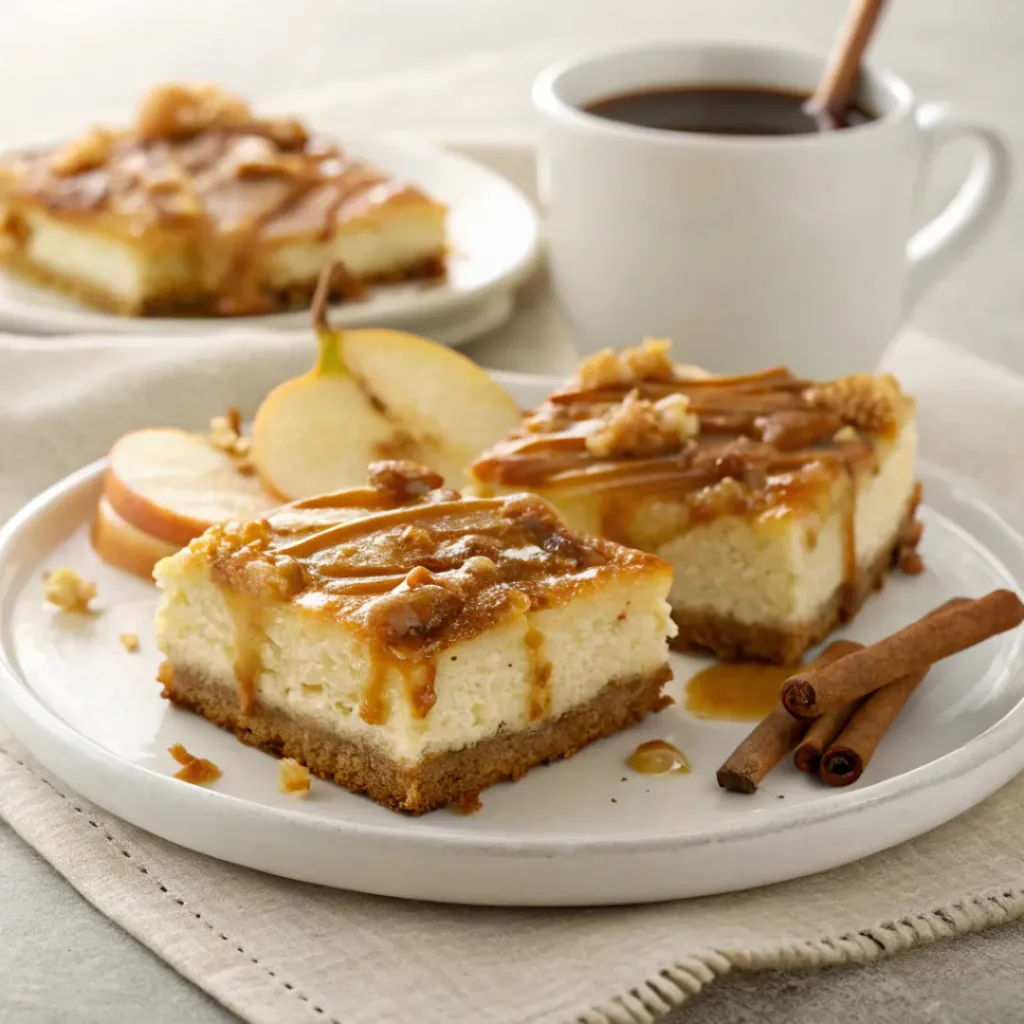 Creamy pear cheesecake bars topped with caramel sauce and served with coffee, cinnamon, and fresh pear slices.