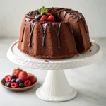 Light chocolate chiffon cake with a fluffy cocoa crumb, chocolate glaze, and fresh berries on a serving stand.