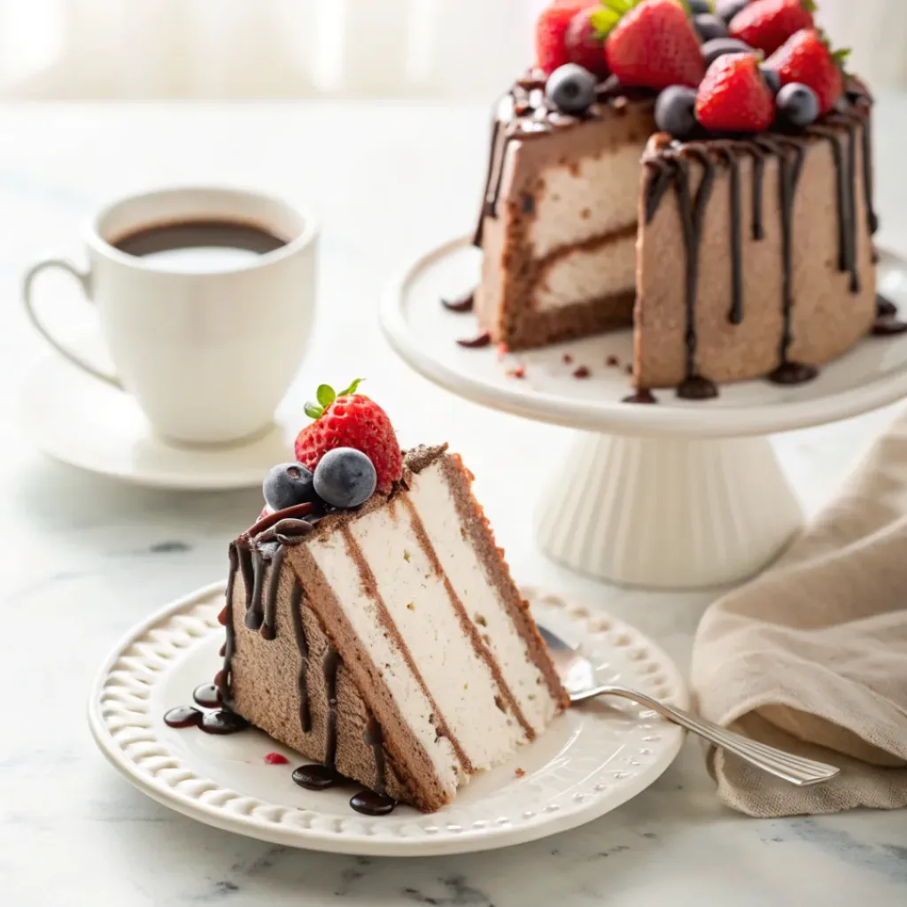 Chocolate chiffon cake served with whipped cream, fresh berries, chocolate curls, and a dusting of cocoa.