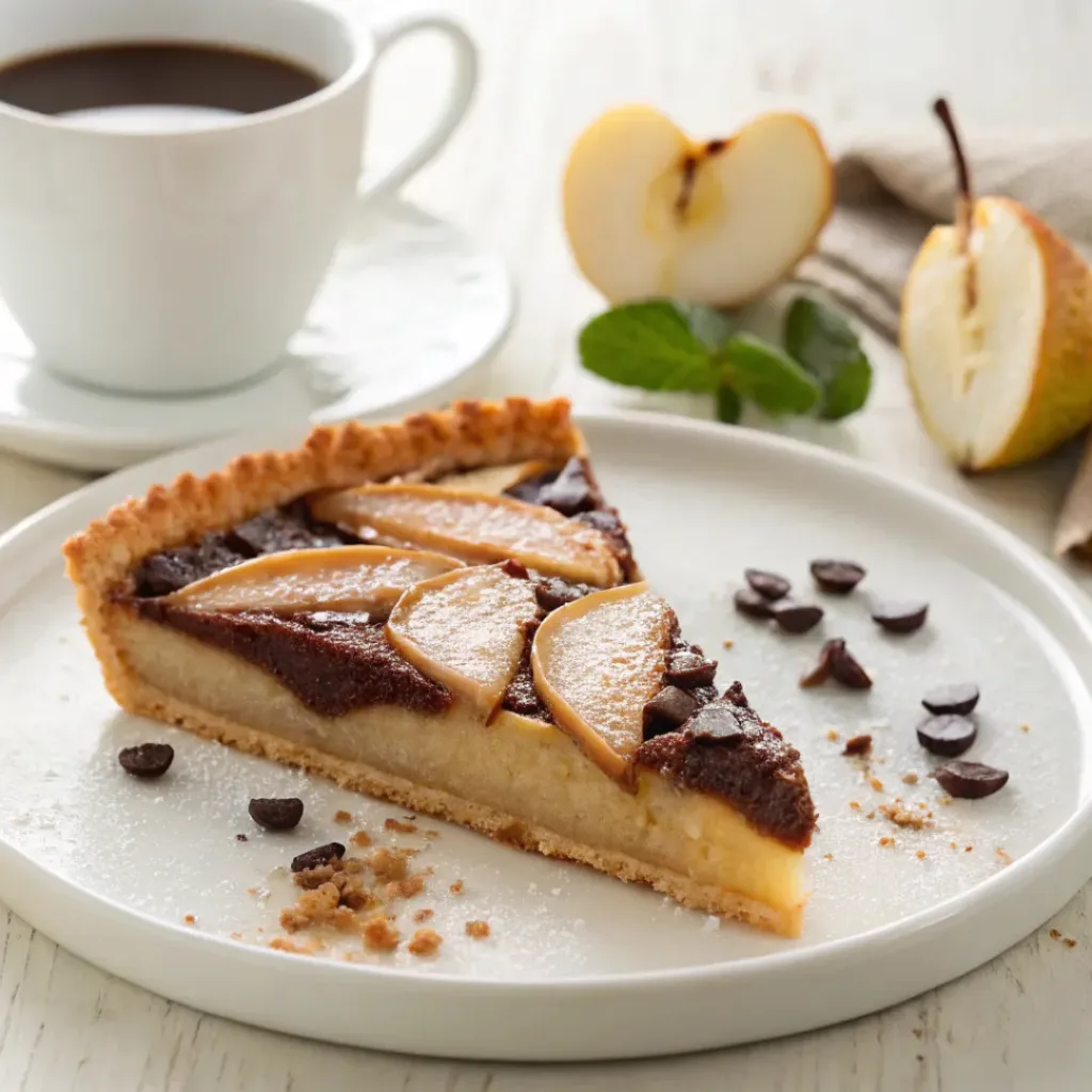 Slice of chocolate pear tart served with coffee, tender pears, dark chocolate, and powdered sugar.