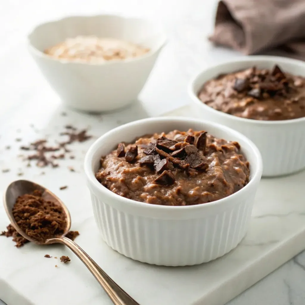 Home 9 Creamy homemade chocolate rice pudding topped with chocolate shavings and served in an elegant dessert bowl.
