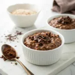 Creamy homemade chocolate rice pudding topped with chocolate shavings and served in an elegant dessert bowl.