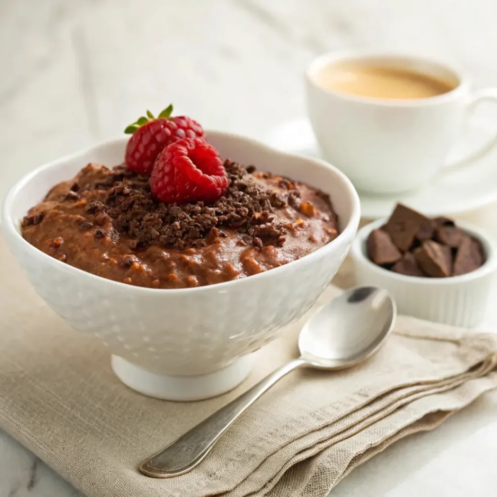 Creamy chocolate rice pudding topped with chocolate shavings and fresh berries, served with coffee.