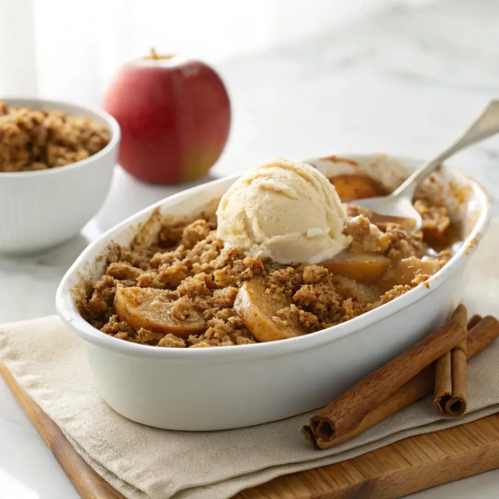 Homemade cinnamon apple crisp with a golden buttery oat crumble topping in a baking dish.
