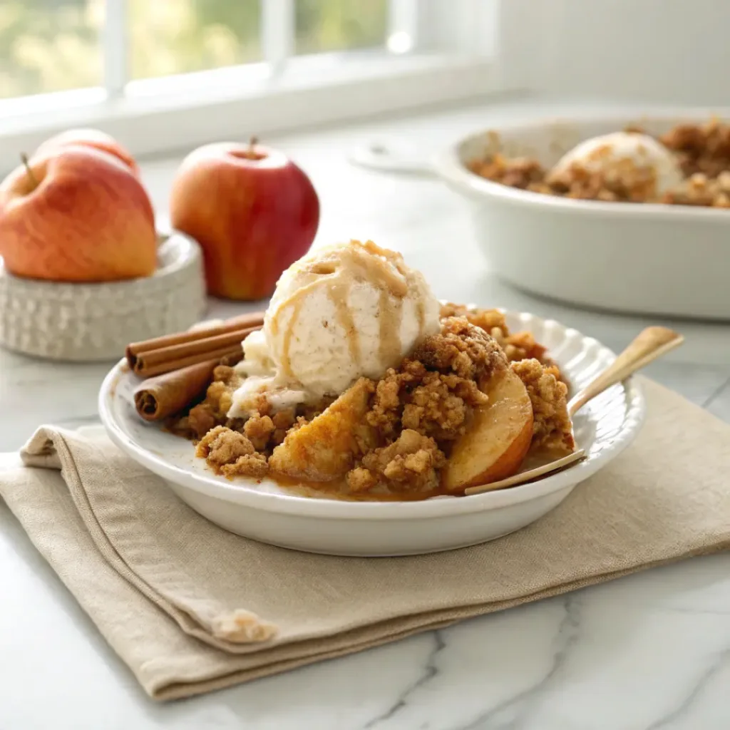 Warm cinnamon apple crisp served with vanilla ice cream and caramel sauce.