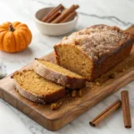 Homemade cinnamon sugar pumpkin bread with a golden cinnamon crust and moist pumpkin crumb on a serving board.