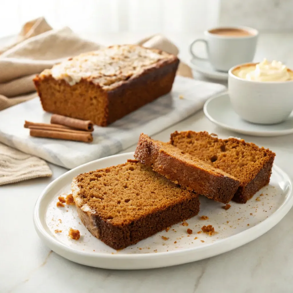 Slice of cinnamon sugar pumpkin bread served with butter and hot coffee.