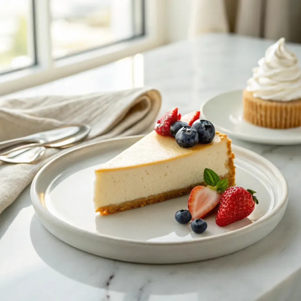 Classic New York Cheesecake - Rich Dense Creamy Slice 8 Classic New York cheesecake served with whipped cream, fresh berries, and coffee.
