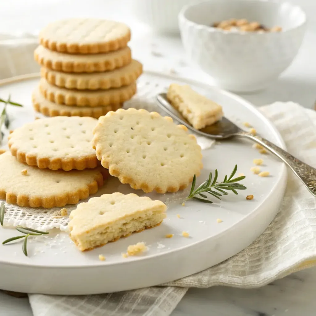 Home 7 Classic buttery shortbread cookies with a golden crisp edge and tender crumb on a serving plate.