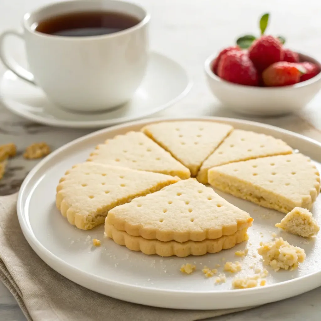 Buttery classic shortbread cookies served with hot tea, fresh berries, and a light dusting of powdered sugar.