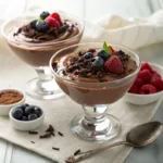 Creamy cottage cheese chocolate mousse topped with chocolate shavings and fresh berries in glass dessert cups.
