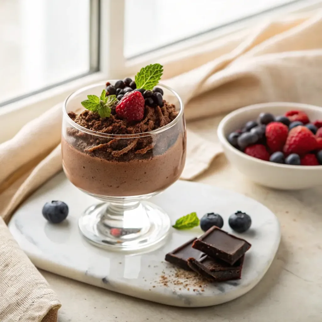 Cottage Cheese Chocolate Mousse - Rich Protein Dessert Showcase 8 Creamy cottage cheese chocolate mousse served with fresh berries and espresso.