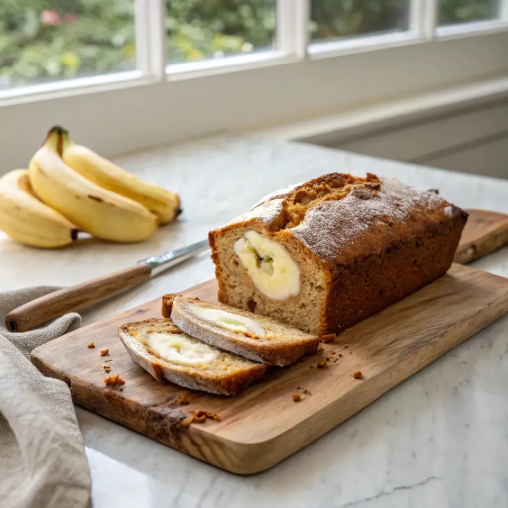 Home 8 Homemade cream cheese banana bread with a moist banana crumb and creamy cheesecake swirl on a serving board.