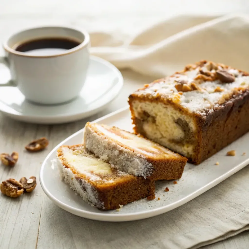 Cream cheese banana bread served with coffee, fresh banana slices, walnuts, and a light dusting of powdered sugar.