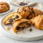 Homemade croissant cookie mashups stuffed with chocolate chip cookie dough and Nutella on a serving platter.