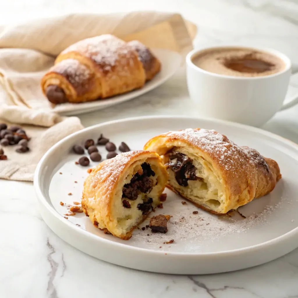 Warm croissant cookie mashup served with coffee and extra Nutella.