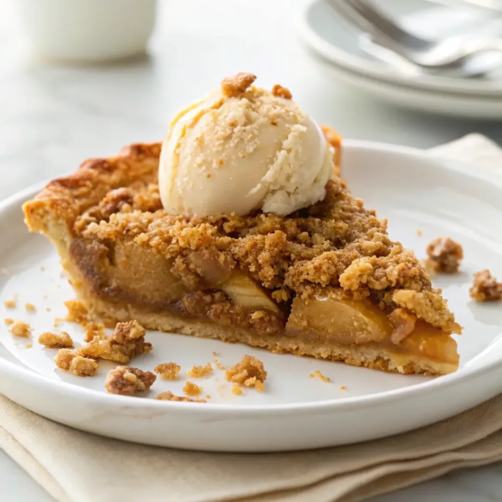 Warm Dutch apple pie topped with vanilla ice cream, caramel sauce, cinnamon apples, and golden streusel.