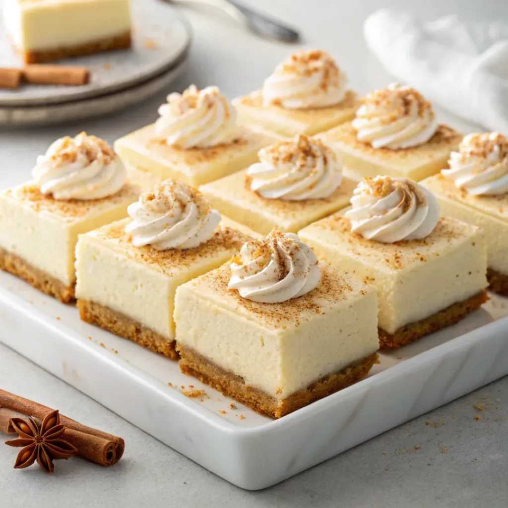 Home 6 Creamy eggnog cheesecake bars with a spiced graham cracker crust and whipped cream on a serving platter.