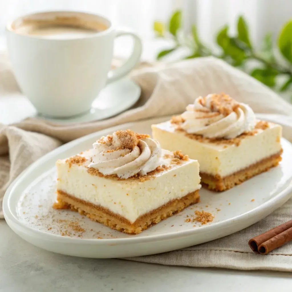 Eggnog Cheesecake Bars - Creamy Spiced Dessert Squares 8 Creamy eggnog cheesecake bars served with whipped cream, cinnamon, nutmeg, and hot coffee.