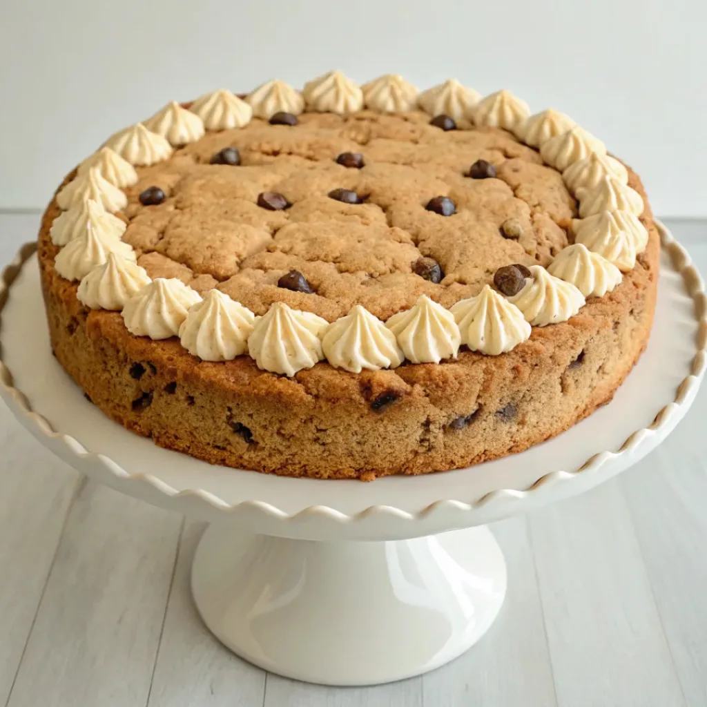 Home 7 Giant soft chocolate chip cookie cake with crisp edges, a chewy center, and melted chocolate chips.
