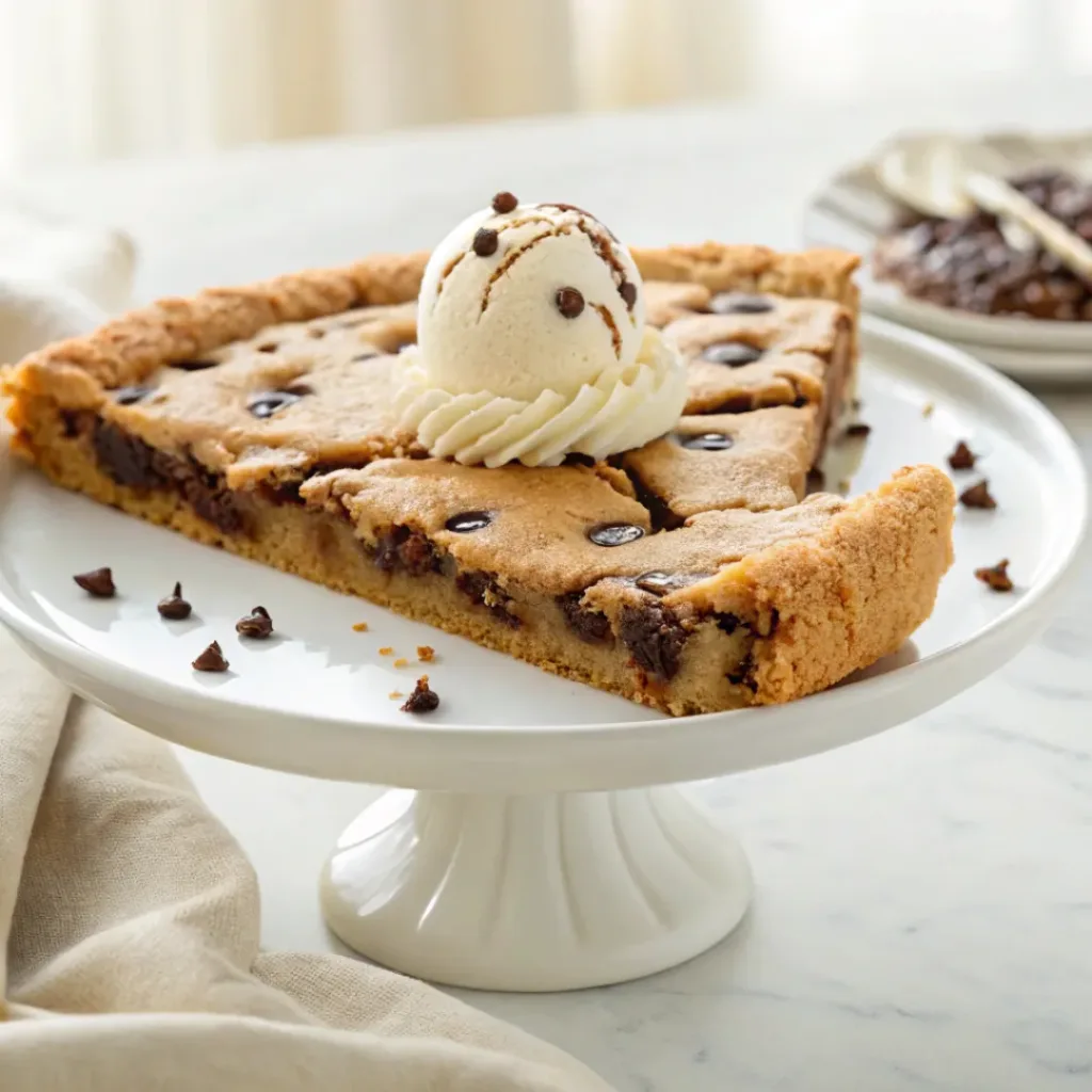 Warm giant chocolate chip cookie cake served with vanilla ice cream, chocolate chips, and chocolate sauce.