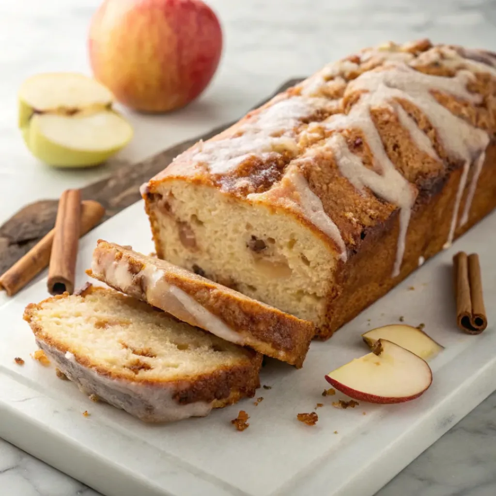 Home 8 Moist apple fritter bread with cinnamon apples, a buttery crumb, and sweet vanilla glaze.