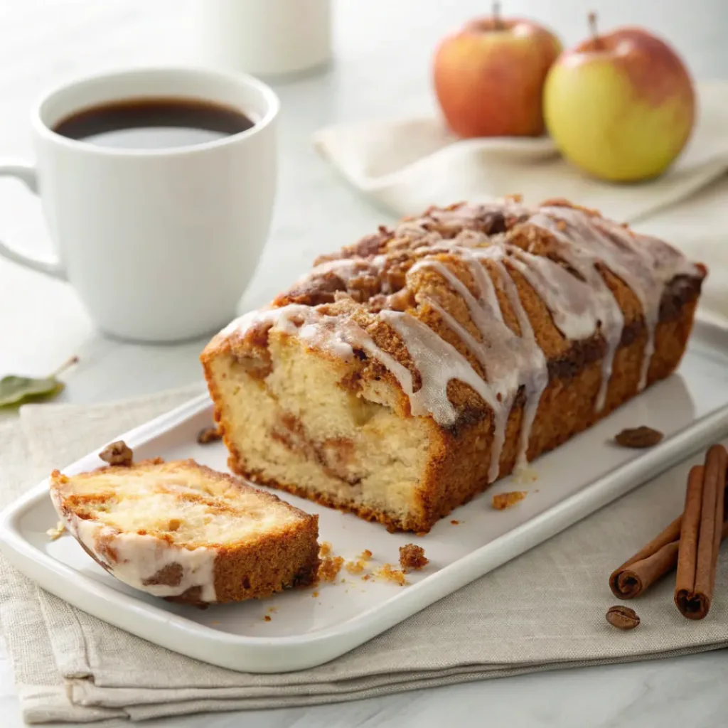 Glazed Apple Fritter Bread - Moist Cinnamon Swirl Bakery Loaf 8 Slice of apple fritter bread with vanilla glaze served with coffee, cinnamon, and fresh apple slices.