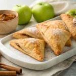 Golden flaky homemade apple turnovers filled with warm cinnamon-spiced apples and lightly dusted with sugar.
