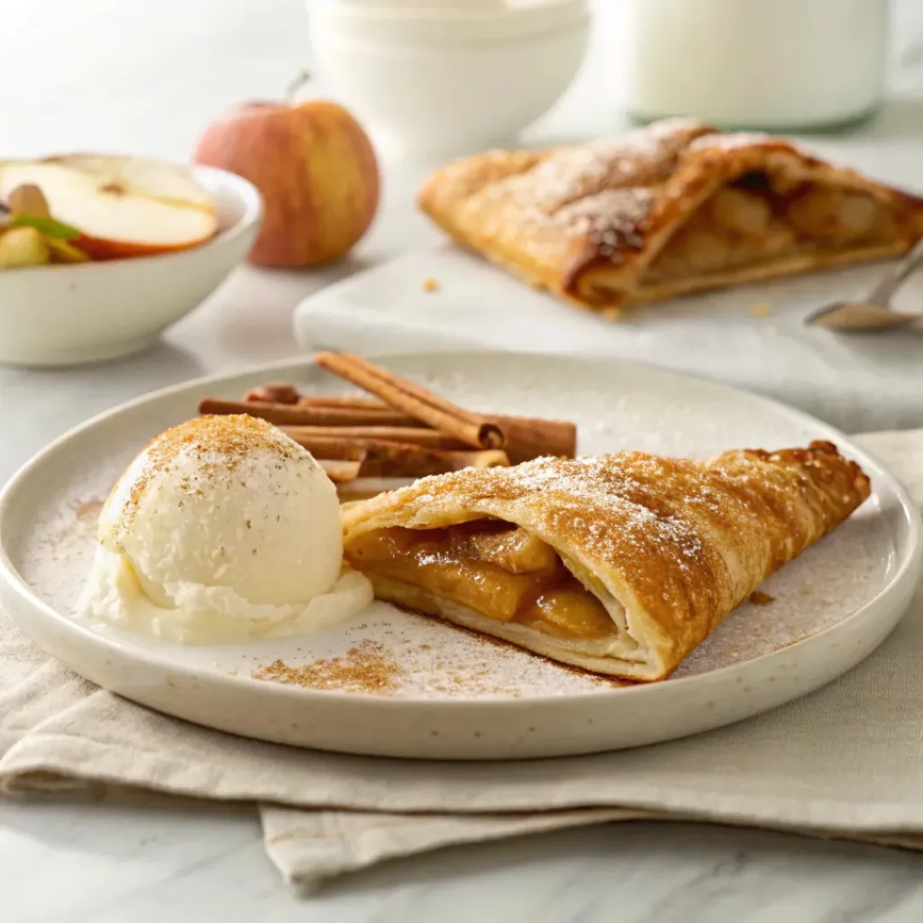 Warm flaky apple turnover served with vanilla ice cream, cinnamon, and fresh apple slices.